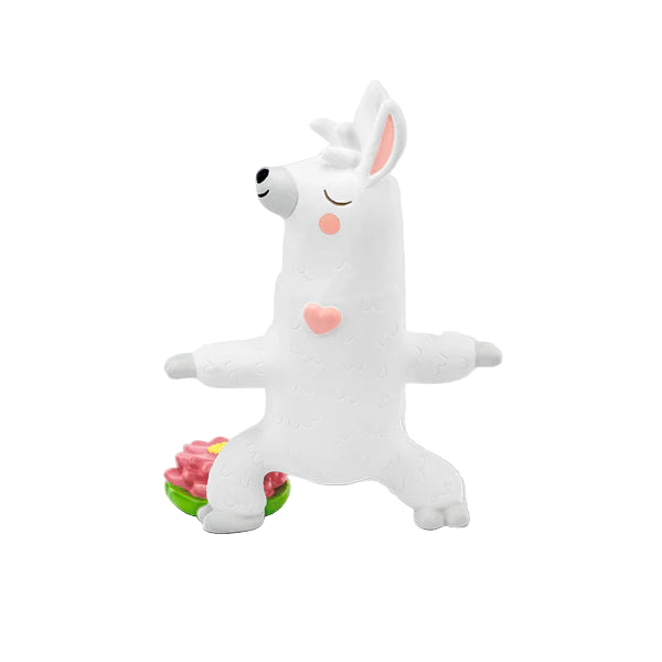 A white llama Tonie figure in a yoga pose with a colorful flower design on its side.
