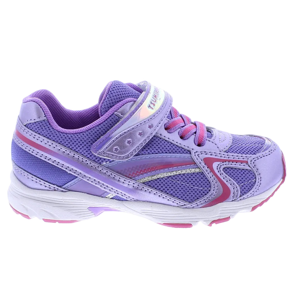 Purple and pink running shoe on a white background