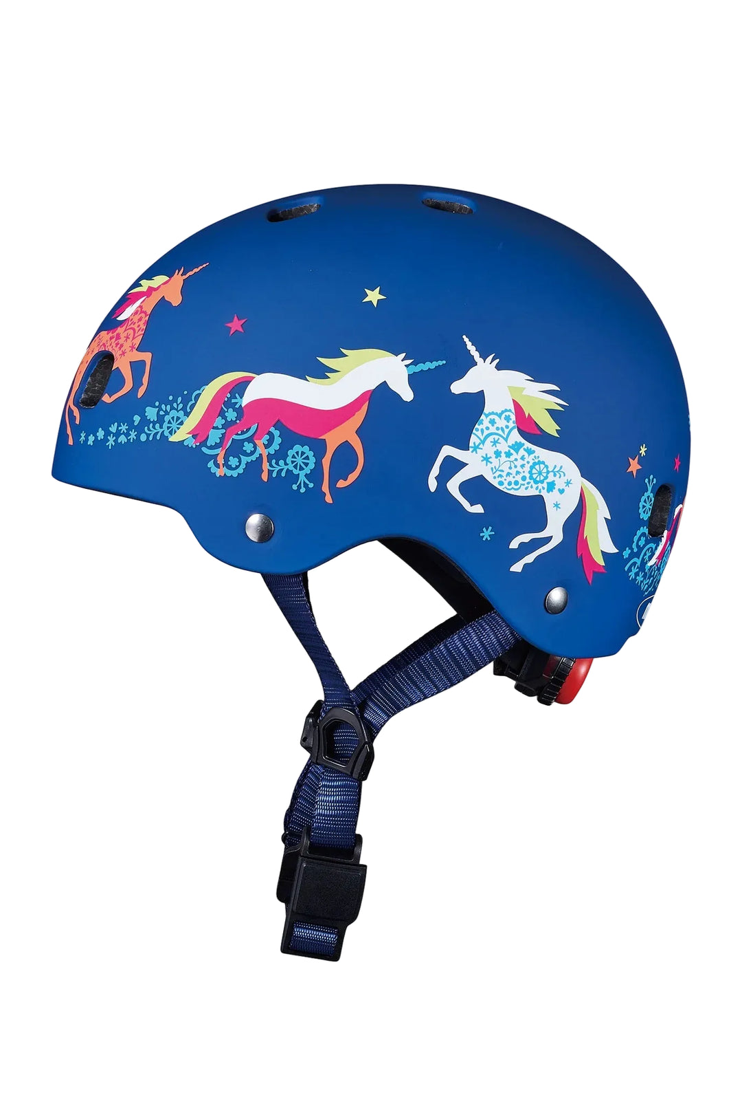 Blue helmet with unicorn designs on a white background