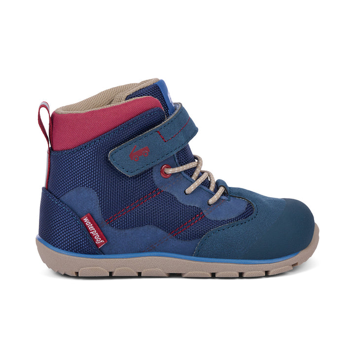 Blue children's boot with pink interior on a white background