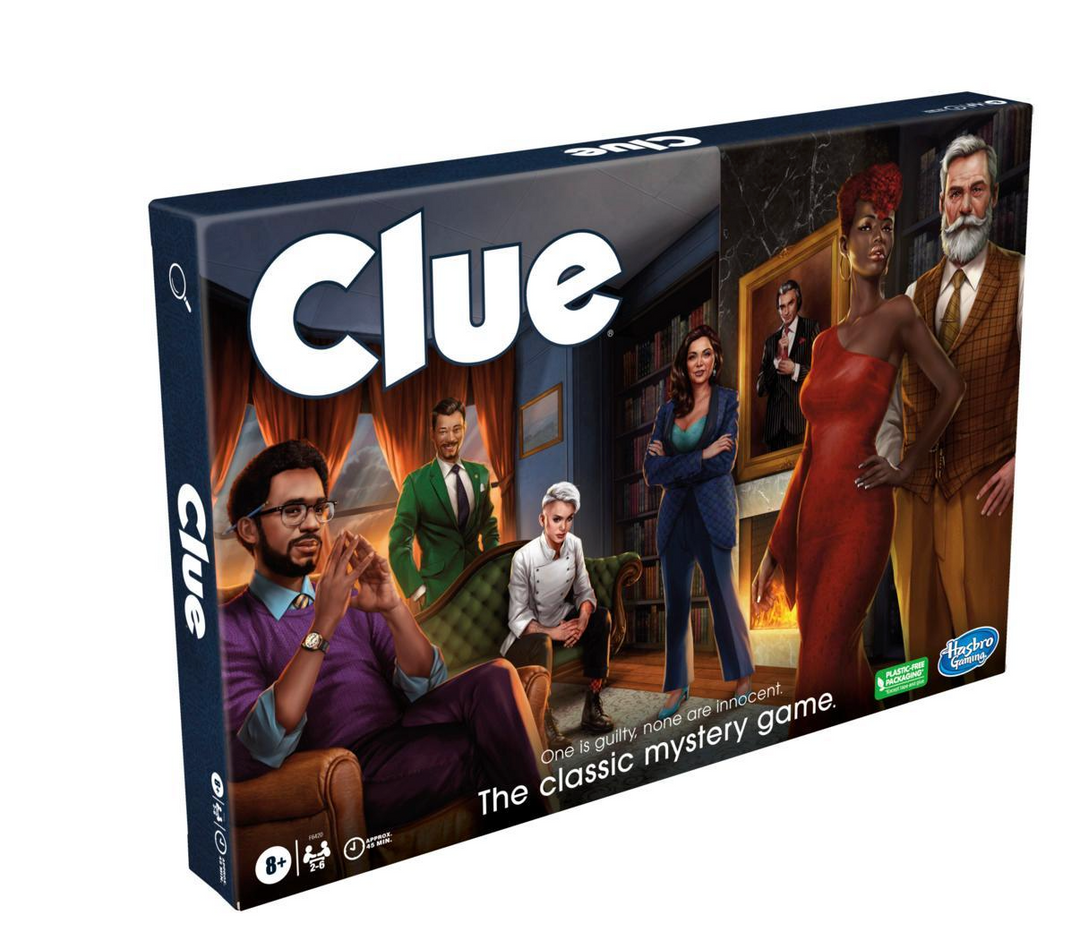 Clue board game box with characters and 'Clue' branding