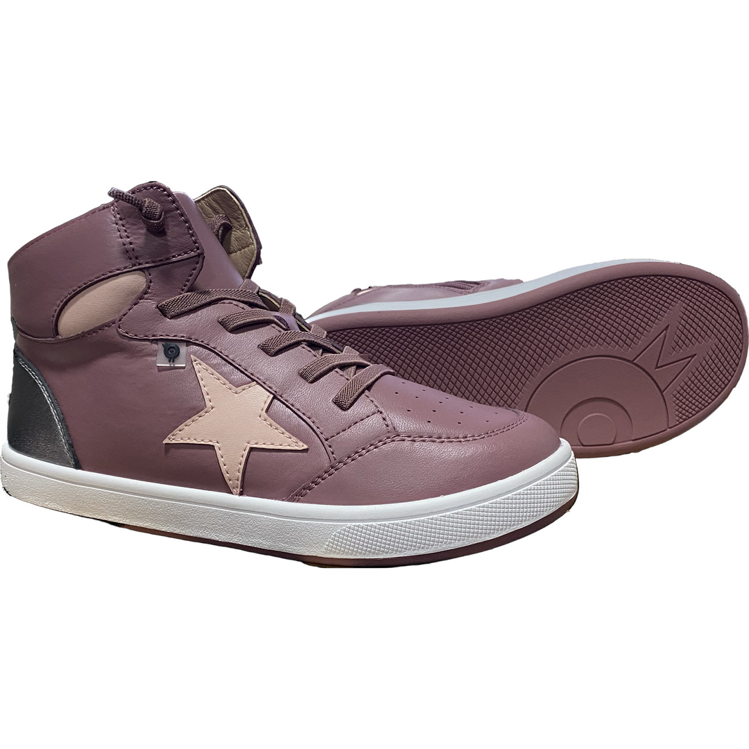A pair of pink high-top sneakers with white stars and beige accents designed for little kids/Big Kids.