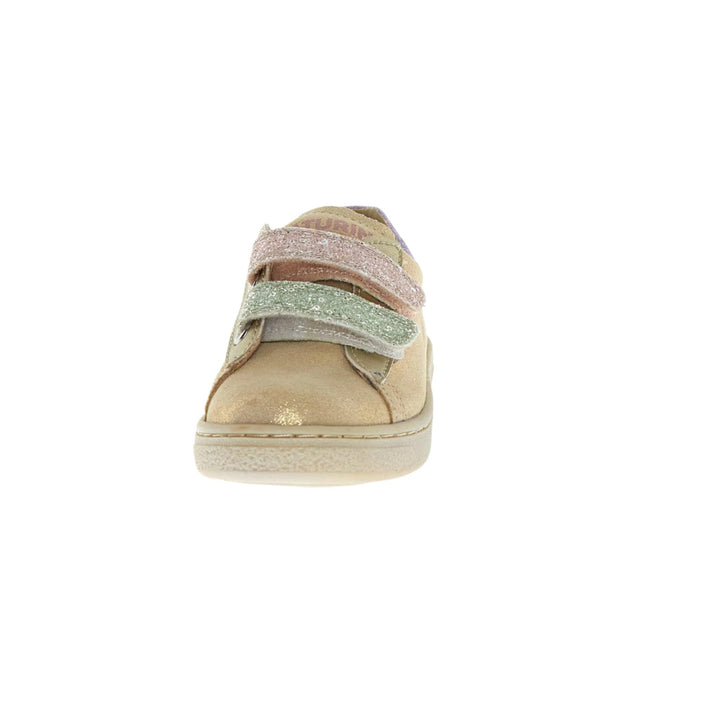 Beige sneaker with colorful velcro straps on a white background