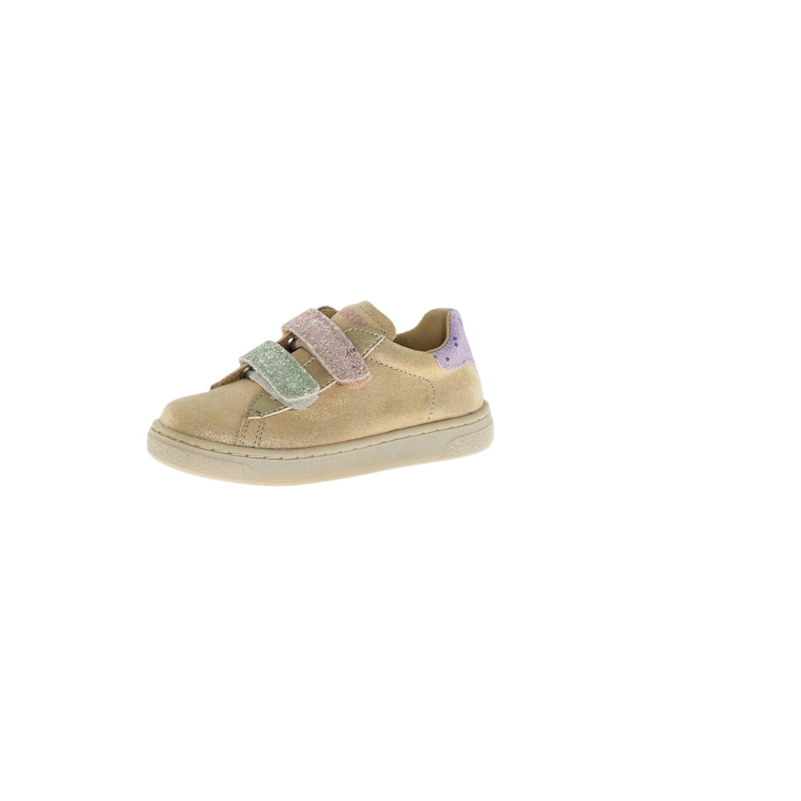 Beige children's shoe with colorful velcro straps on a white background