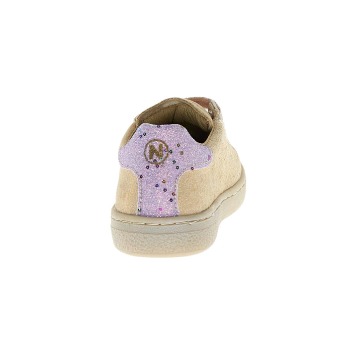 Beige sneaker with a purple heart design on a white background