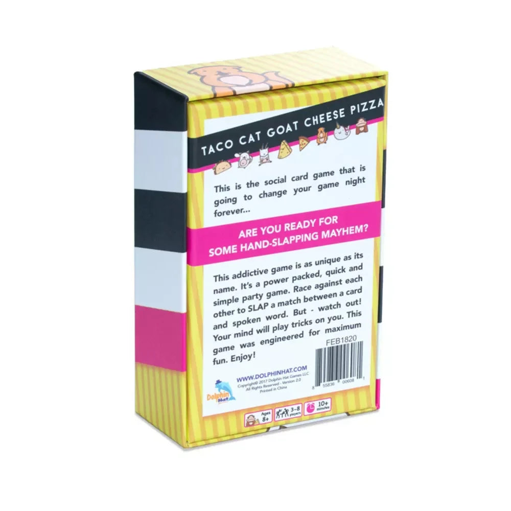 Card game box with colorful design and text on a white background