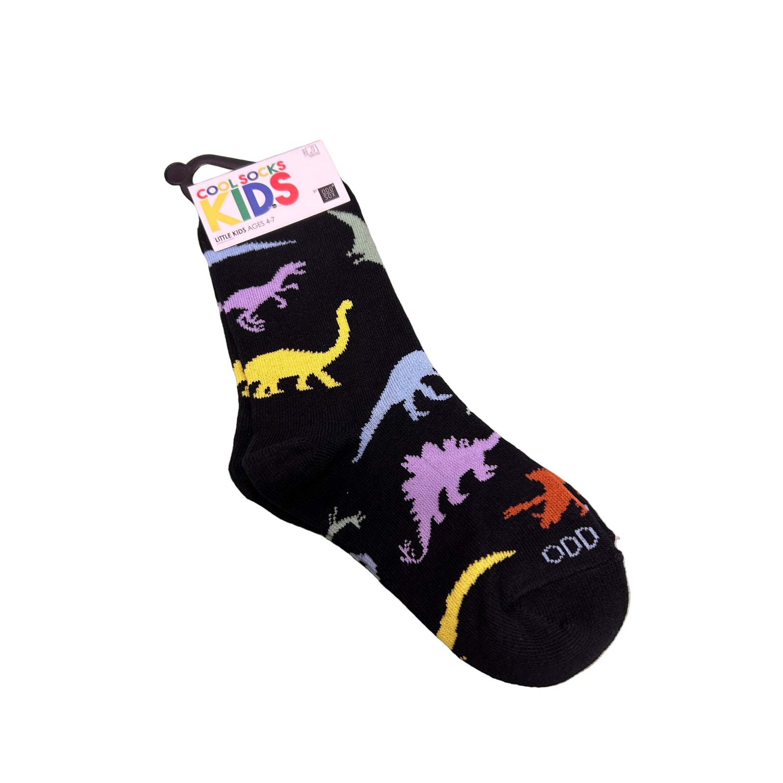KIds black Dinosaur socks with colorful Dino's on them
