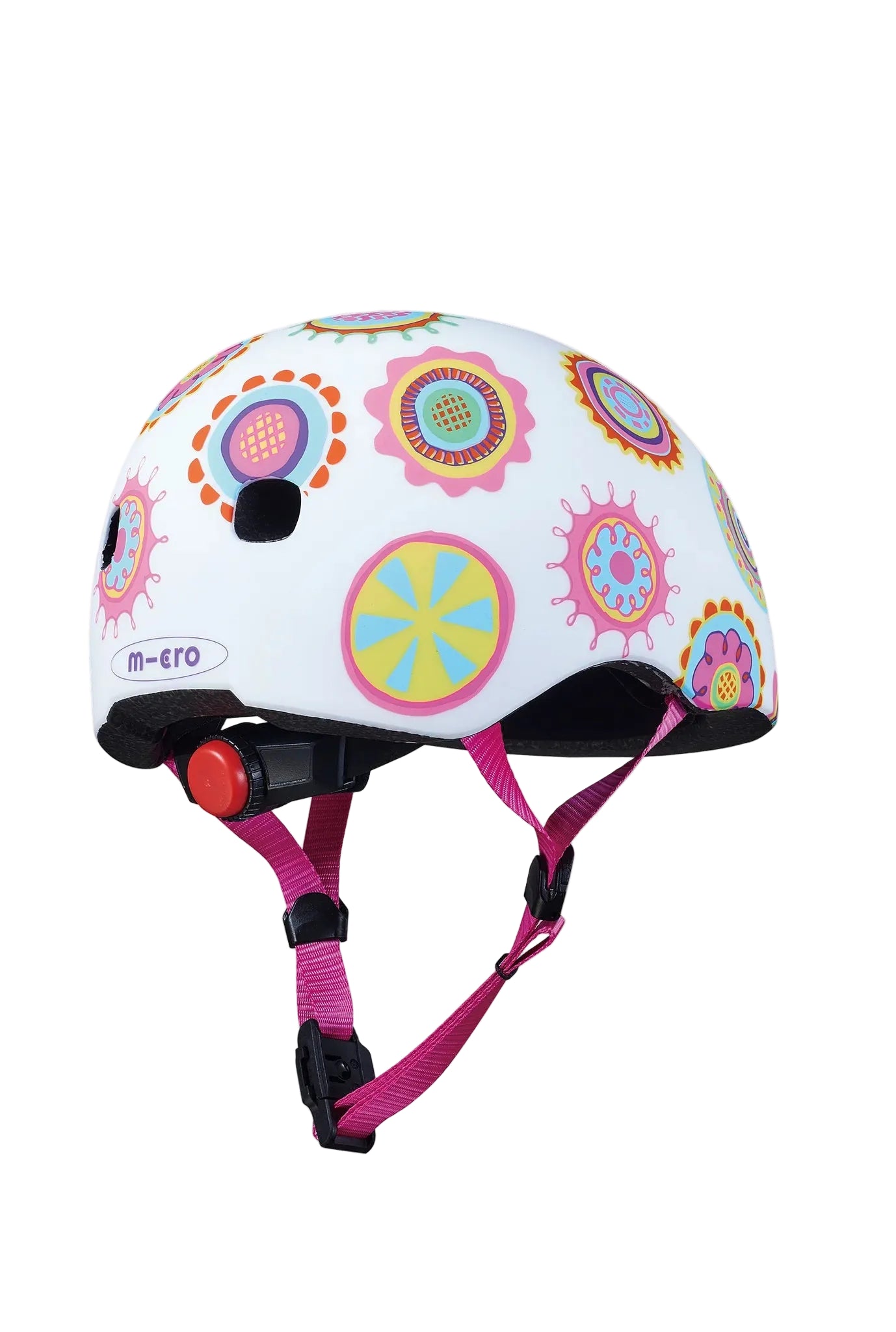 Children's helmet with colorful floral pattern on a white background