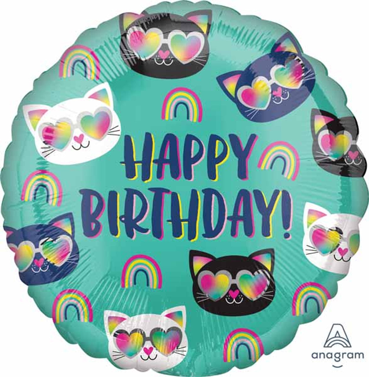 17" Cool Kitty Rainbow Birthday Mylar Balloon