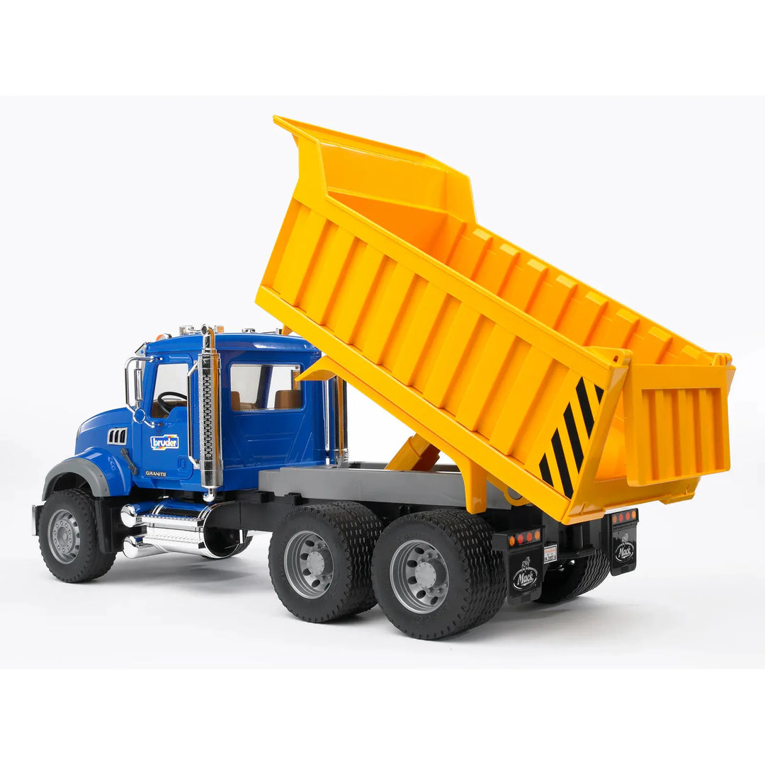 Toy dump truck with blue cab and yellow bed on a white background