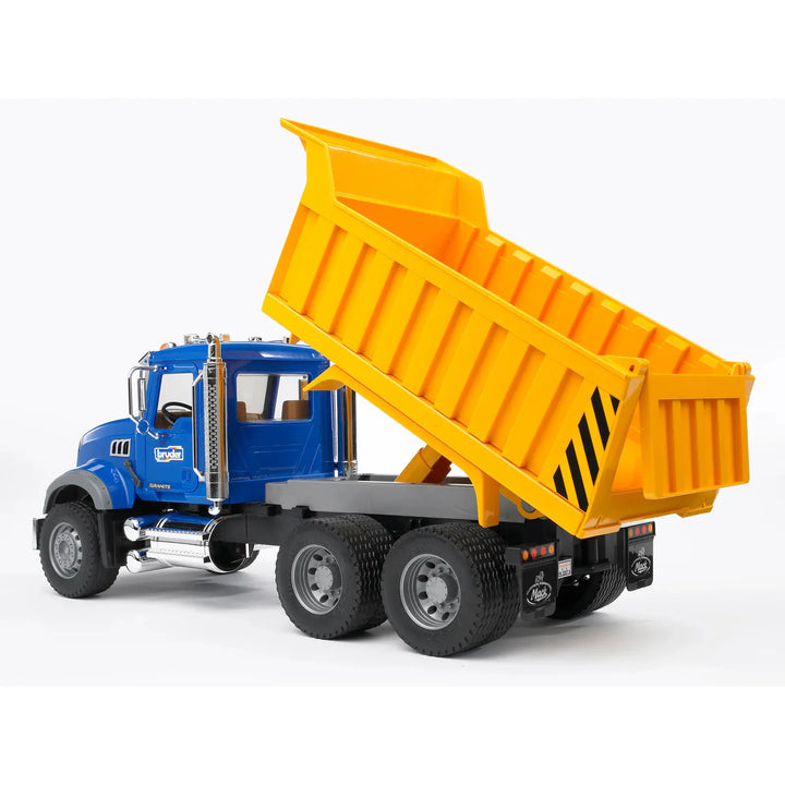 Toy dump truck with blue cab and yellow bed on a white background