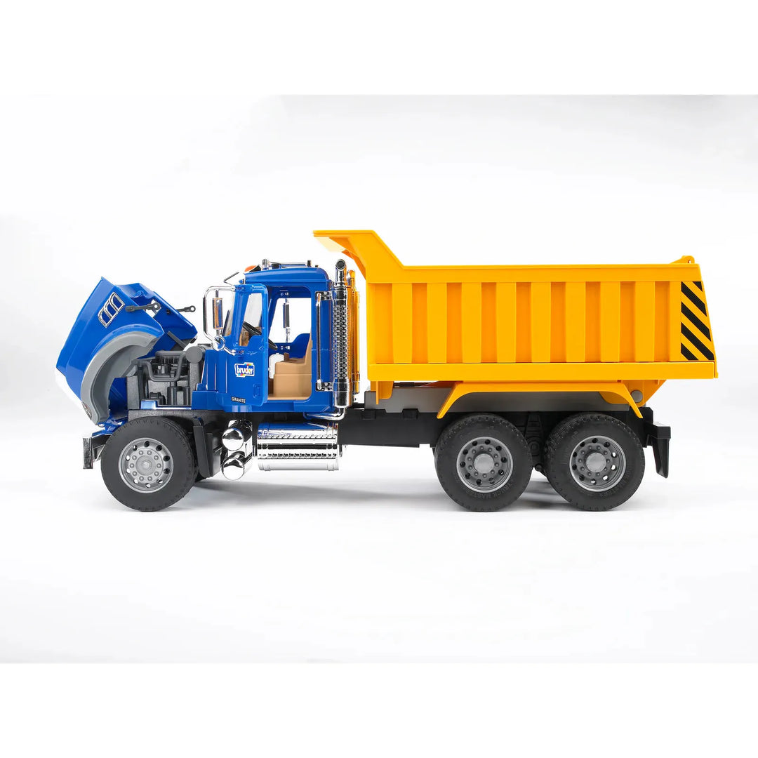 Toy dump truck with blue cab and yellow bed on a white background