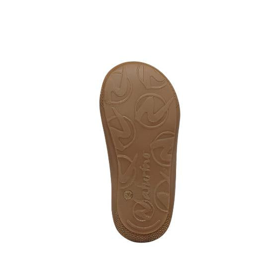 Brown sandal sole with brand logo on a white background