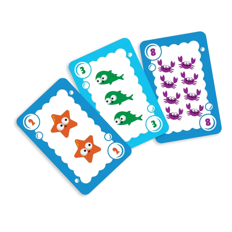 Three educational cards with sea creature illustrations and numbers on a white background