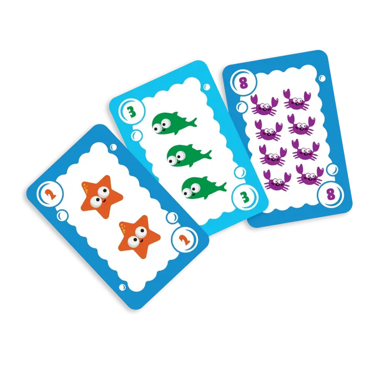 Three educational cards with sea creature illustrations and numbers on a white background