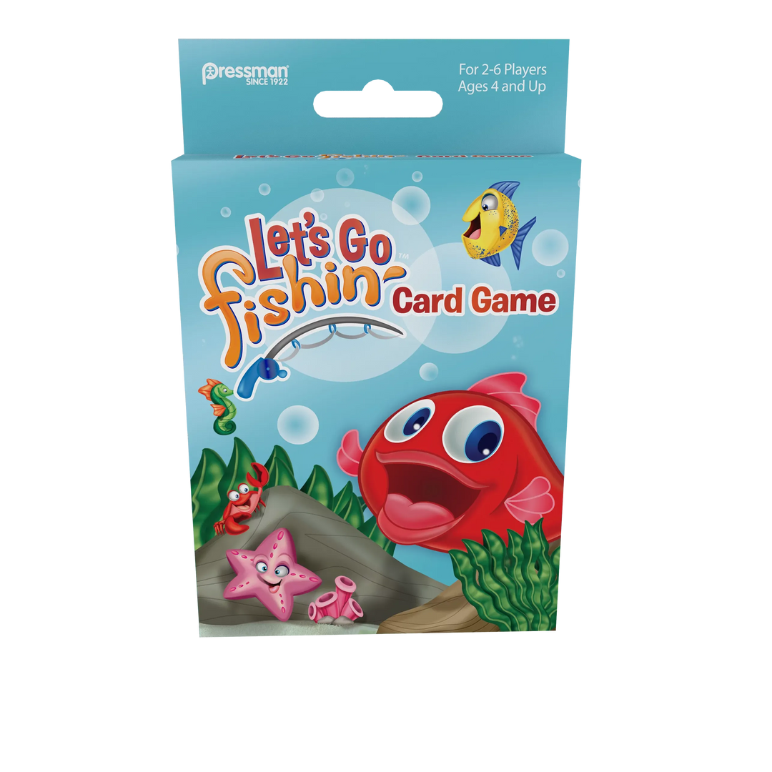 Card game packaging titled 'Let's Go Fishing' with cartoon fish and starfish design on a blue background.