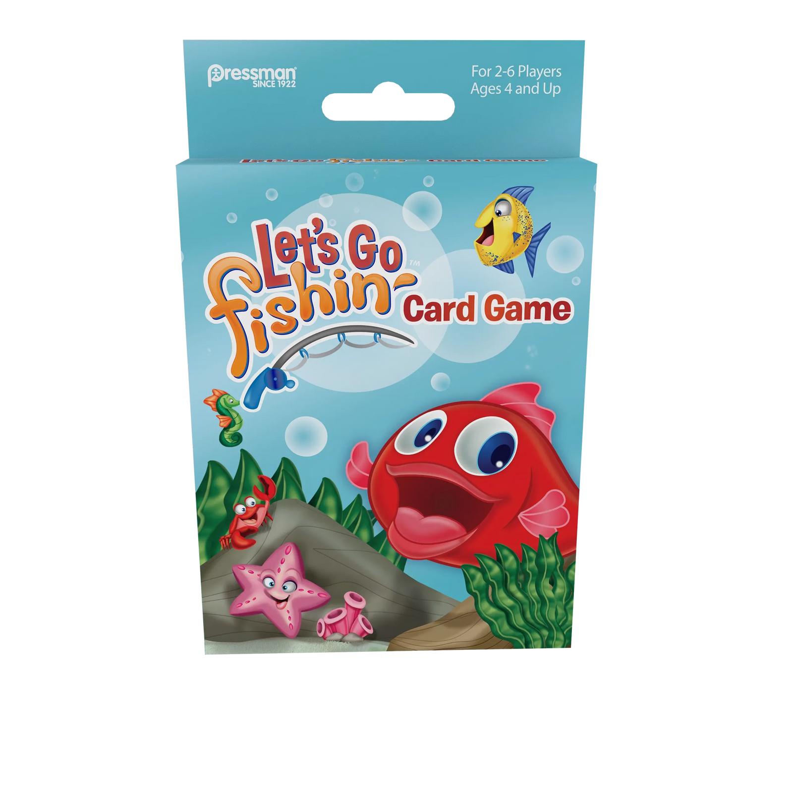 Card game packaging titled 'Let's Go Fishing' with cartoon fish and starfish design on a blue background.