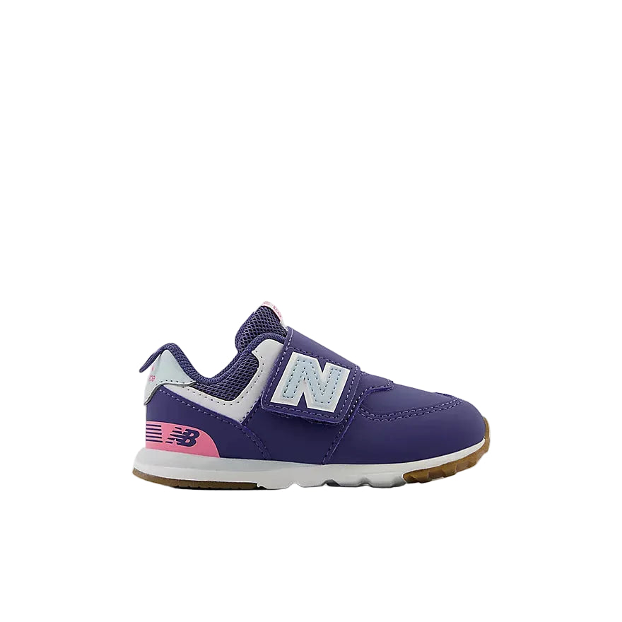 Purple children's sneaker with New Balance logo on a white background