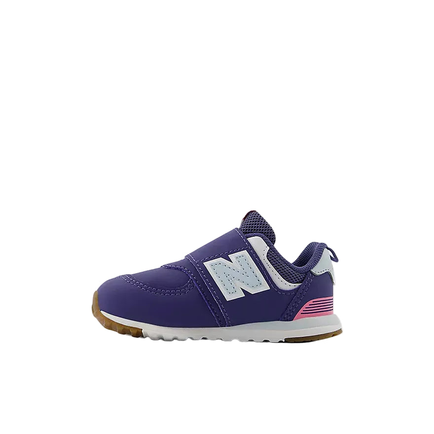Purple children's sneaker with New Balance logo on a white background