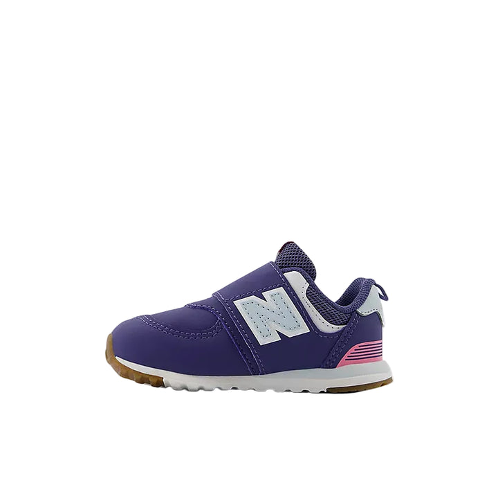 Purple children's sneaker with New Balance logo on a white background