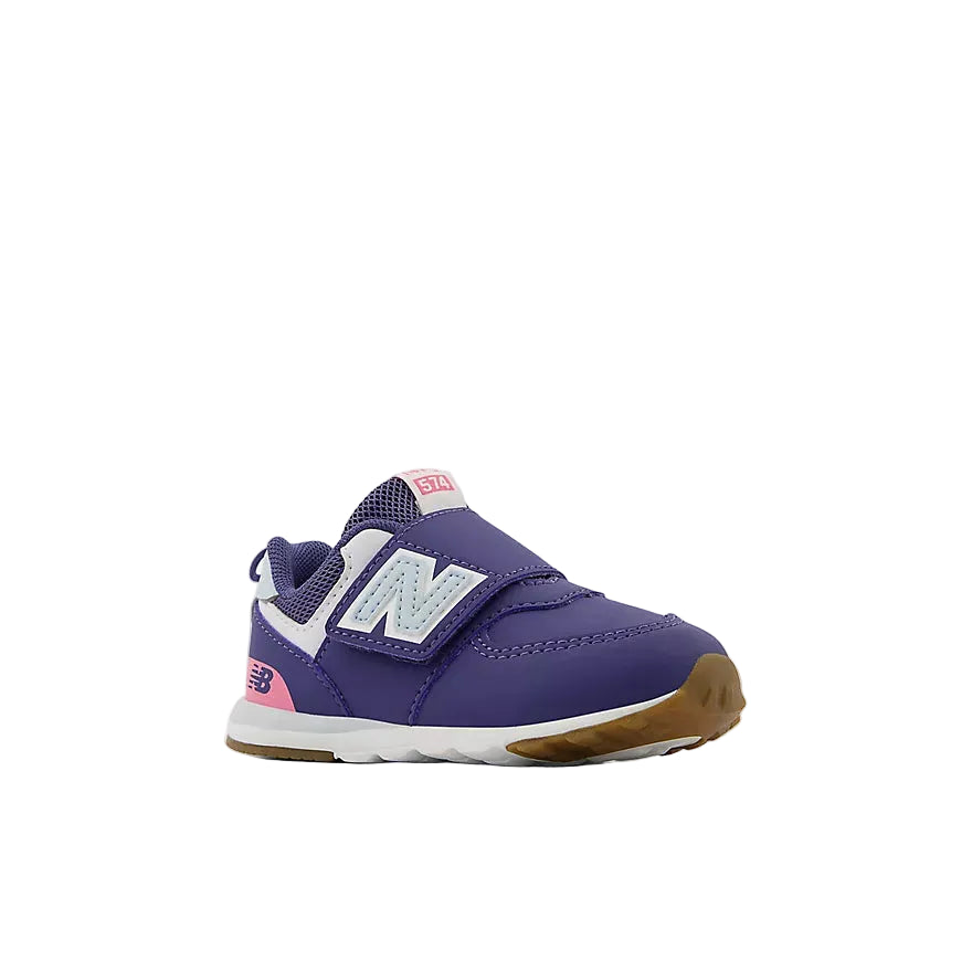 Purple children's sneaker with white and brown accents on a light gray background