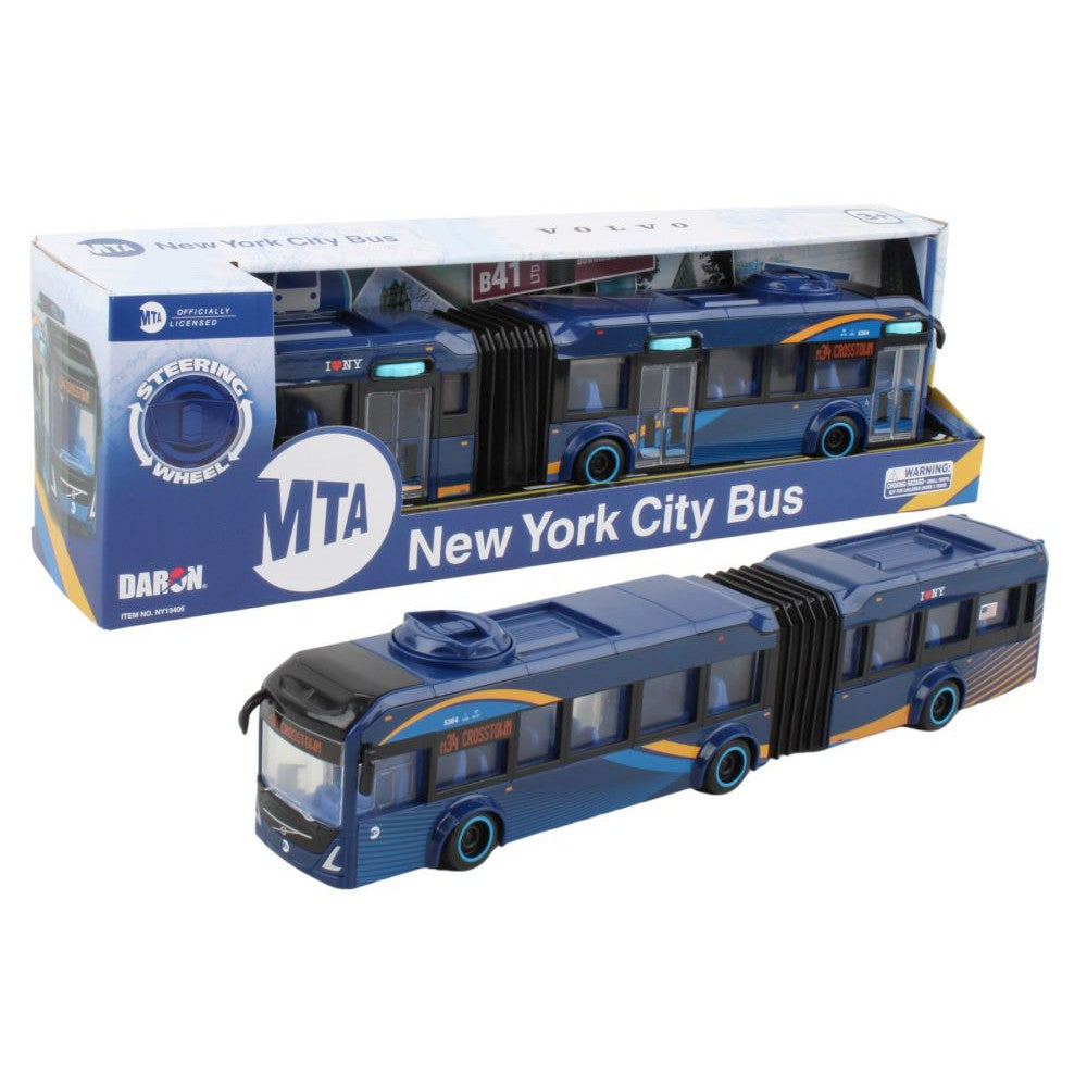 A toy model of an MTA Volvo articulated bus in blue color, with detailed plastic construction, shown both inside and outside its packaging.