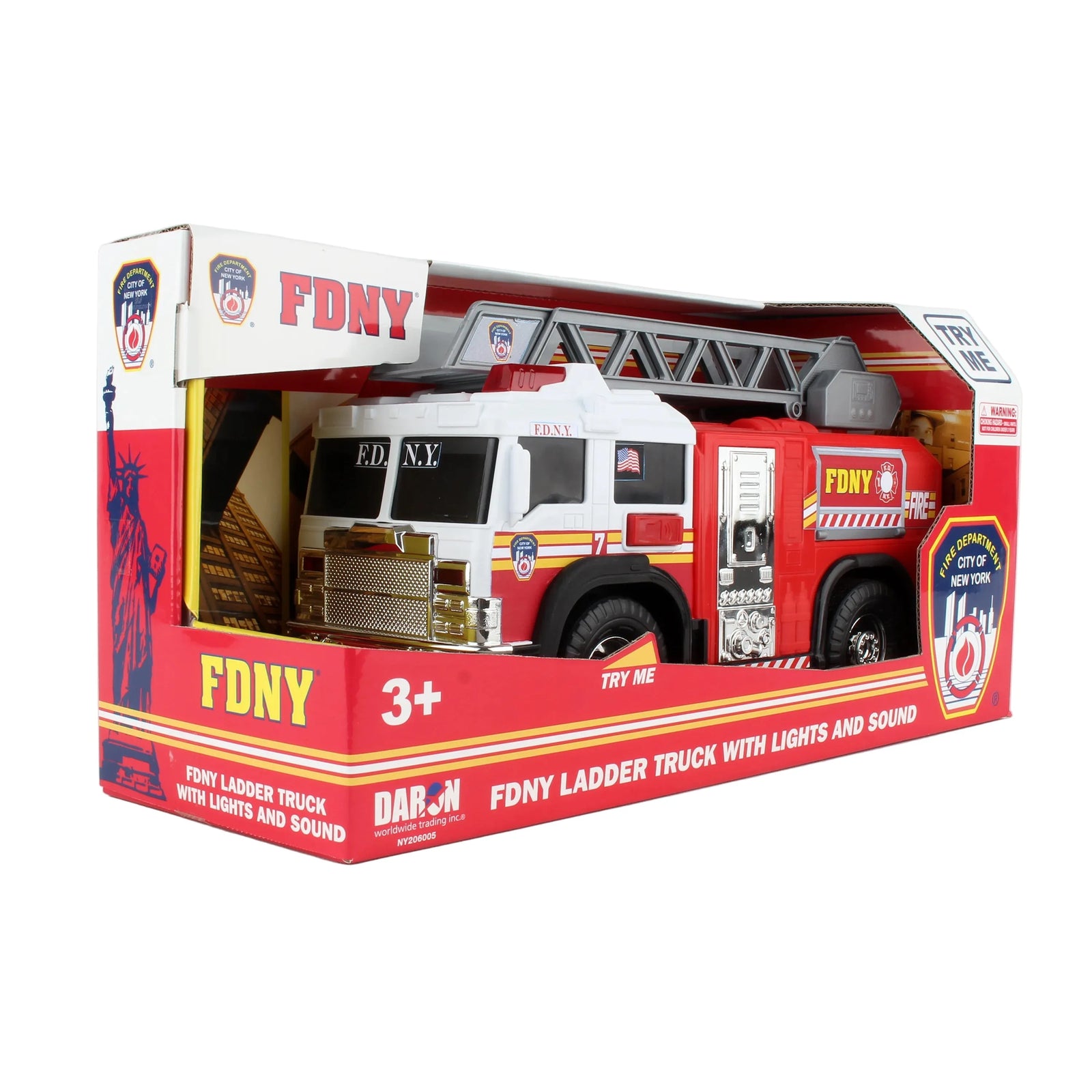 Toy fire truck with lights and sound in FDNY packaging on a white background