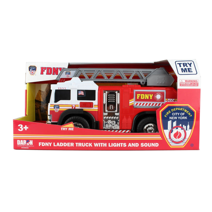 Toy FDNY ladder truck with lights and sound in packaging on a white background