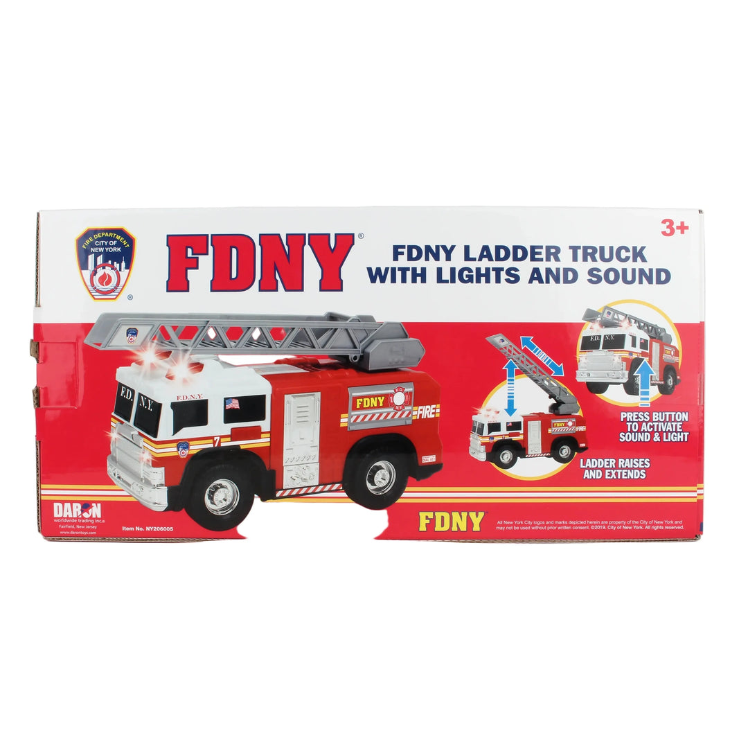 Box of FDNY ladder truck toy with lights and sound on a white background