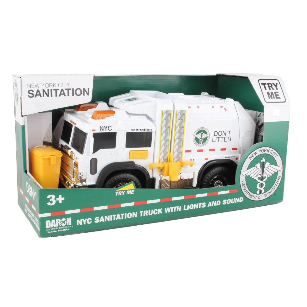 NYC Sanitation garbage truck toy with lights and sounds, in packaging, marked for ages 3+.