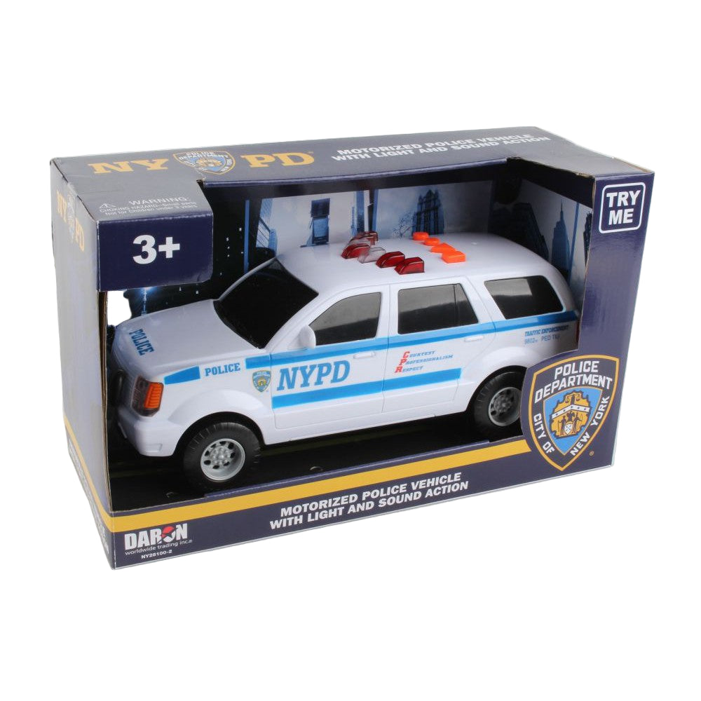 NYPD Motorized SUV toy vehicle in white with blue and red detailing, packaged in a box with '3+ years' recommended age indication.