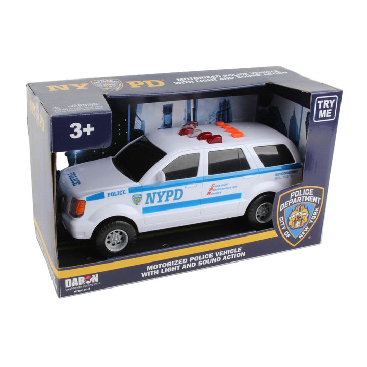 NYPD Motorized SUV toy vehicle in white with blue and red detailing, packaged in a box with '3+ years' recommended age indication.