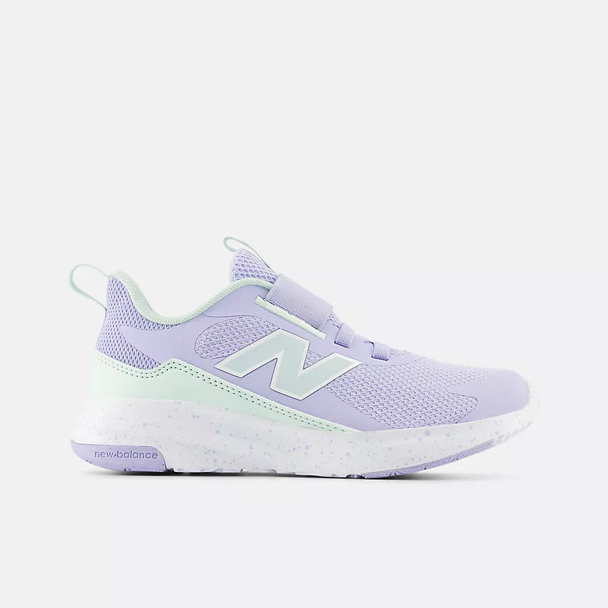 Purple running shoe with New Balance logo on a white background