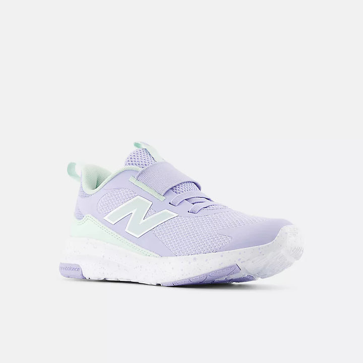 Purple sneaker with white sole on a light gray background