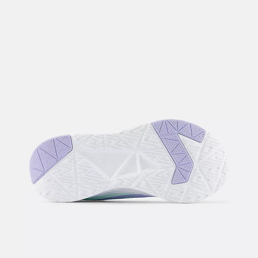 White sneaker with purple accents on a white background