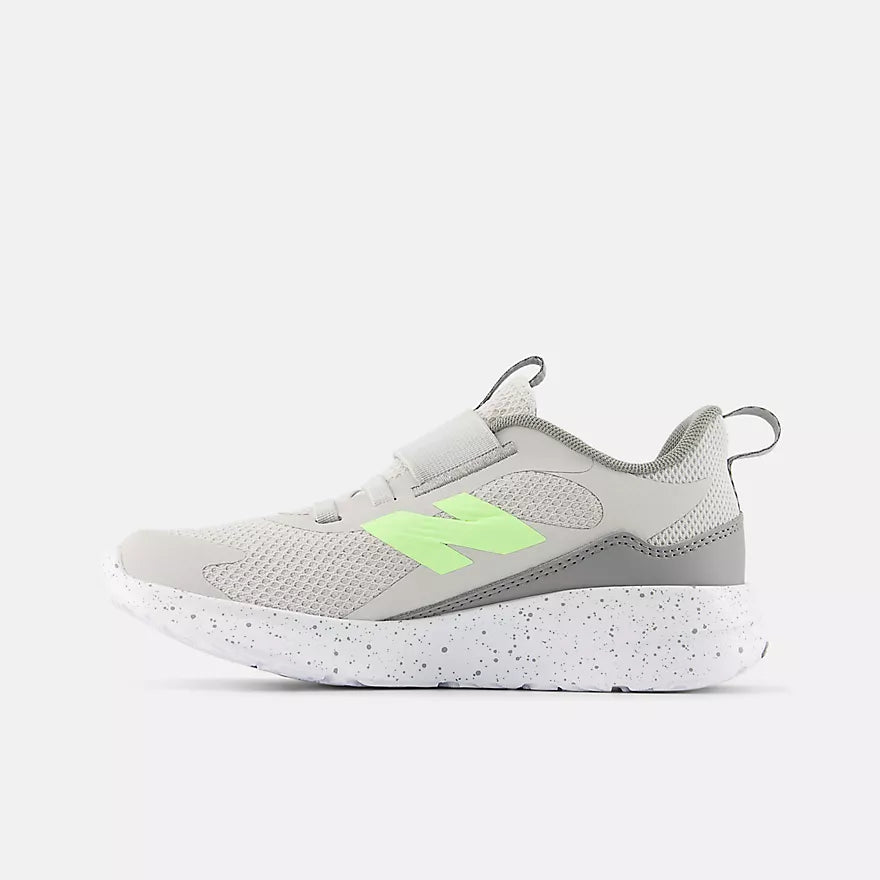 Gray sneaker with a green logo on a white background