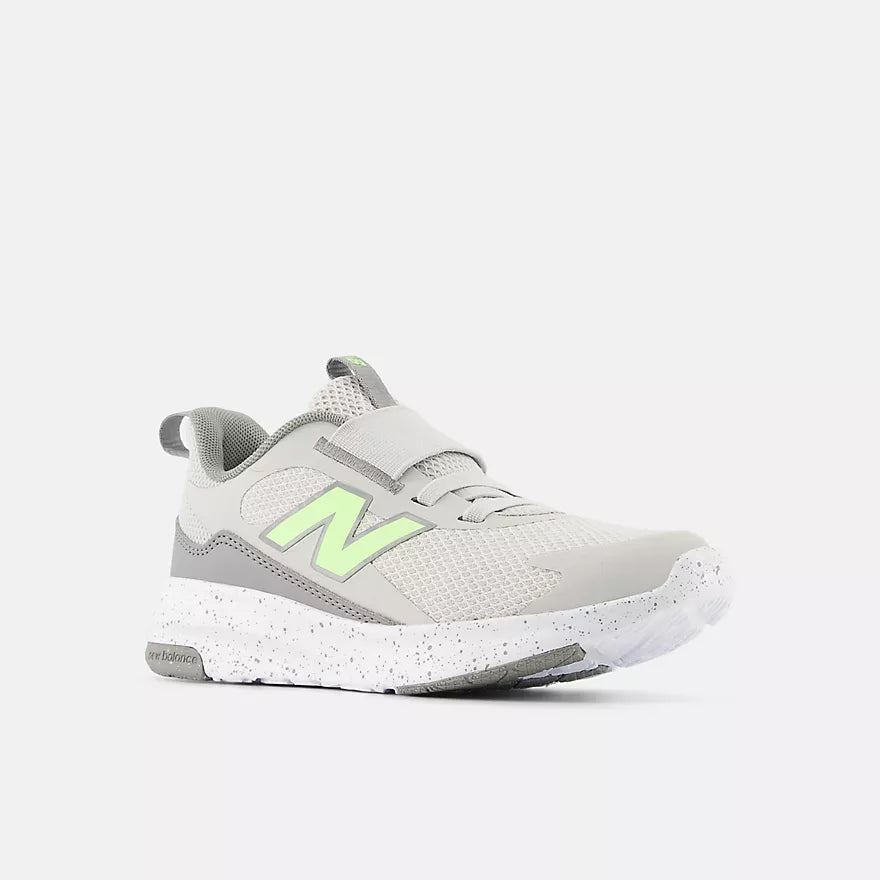 Gray and green New Balance sneaker on a white background