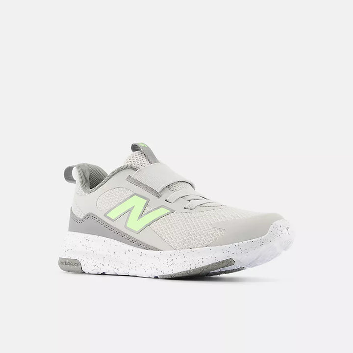 Gray and green New Balance sneaker on a white background