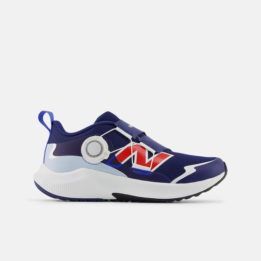 Blue running shoe with a prominent brand logo on a light gray background