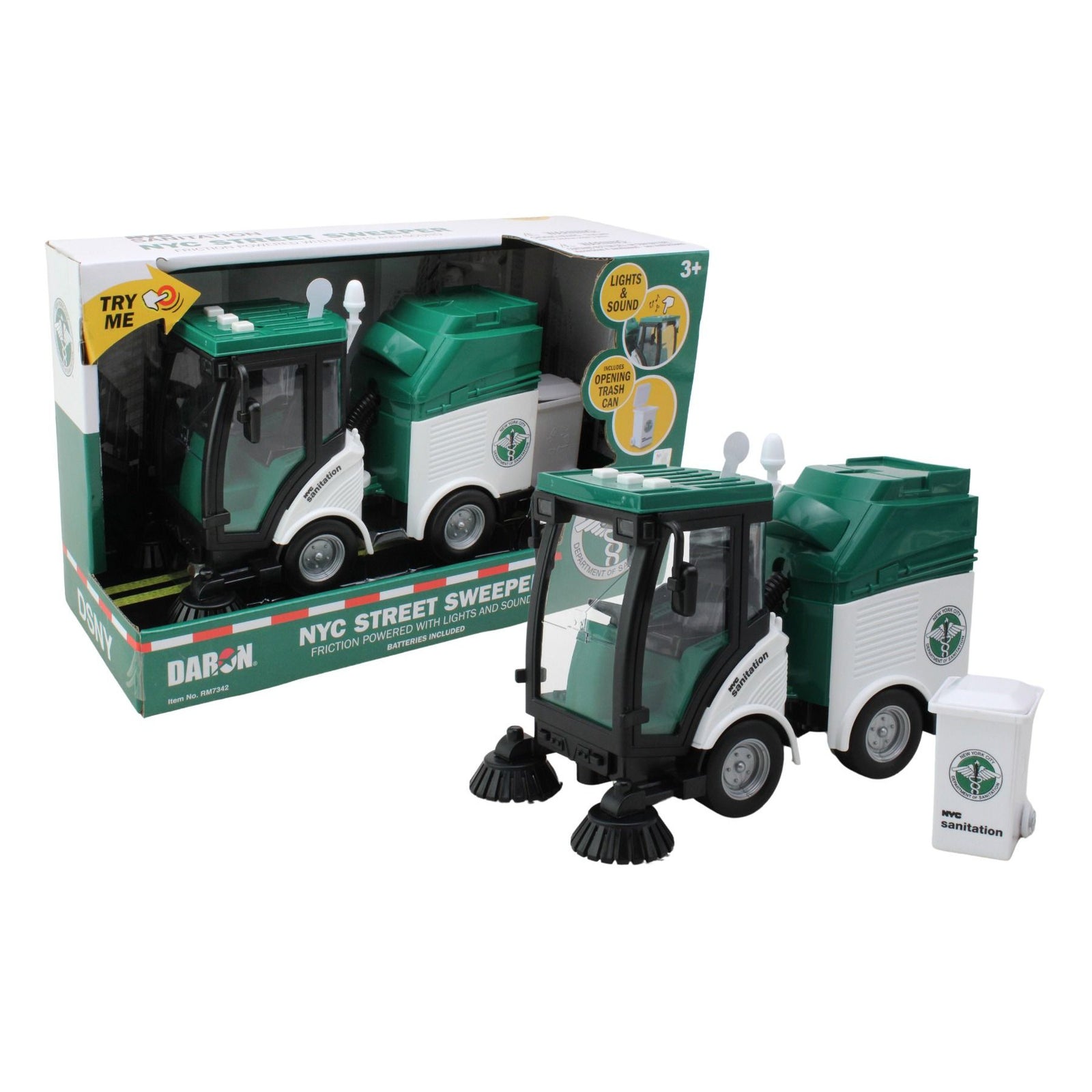 A green and white Daron 1:16 scale street sweeper toy with rubberized wheels, lights, and a detachable trash can, packaged in a product box.