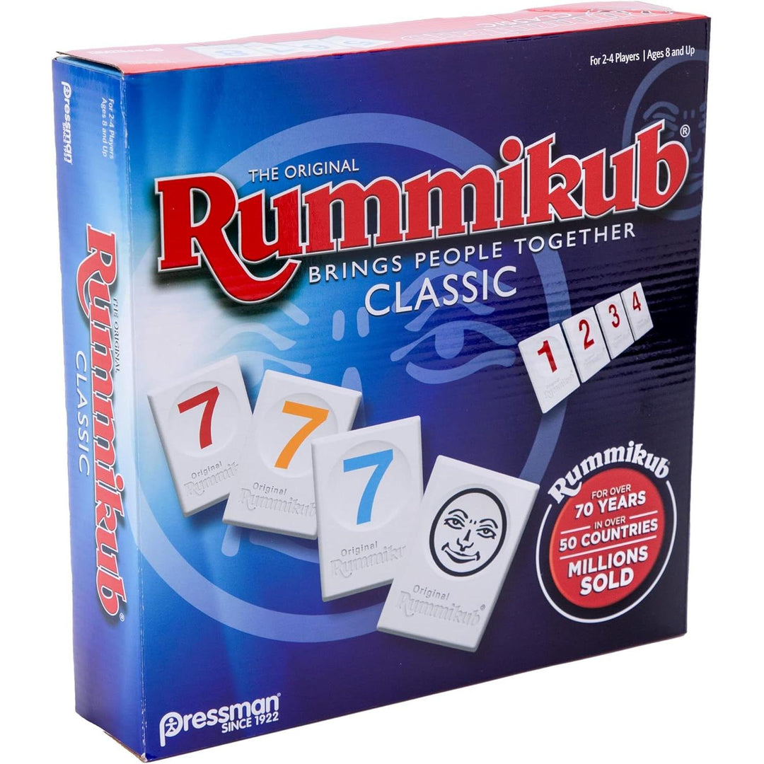 Rummikub game box with blue and red design, featuring the Rummikub logo and text.
