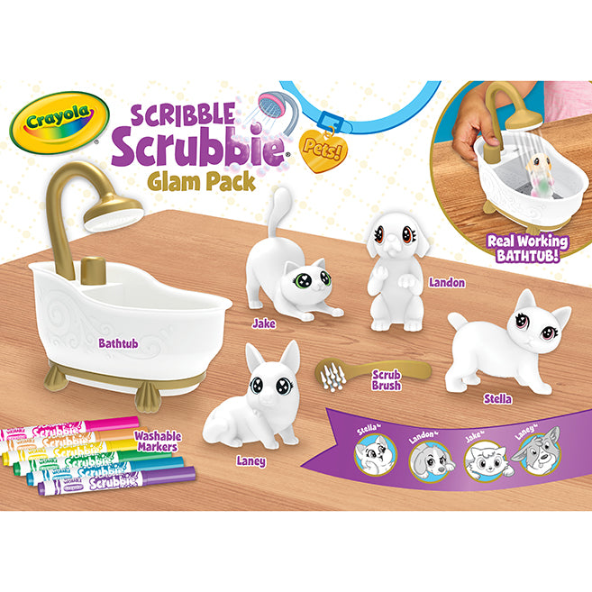 Crayola Scribble Scrubbie Glam Pack with white pet figures, a bathtub, scrub brush, and packaging displaying the product information.