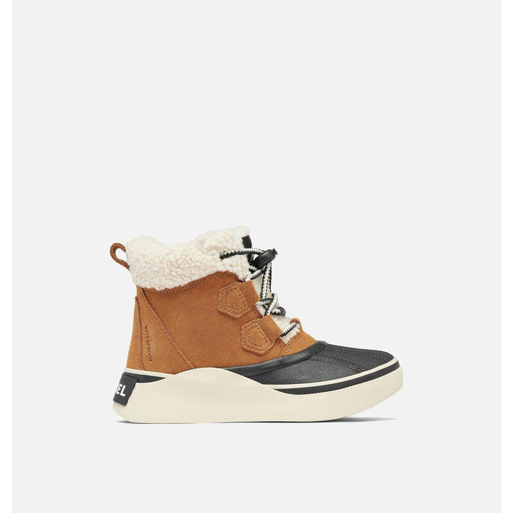 Brown and black winter boot with white fur lining on a light gray background