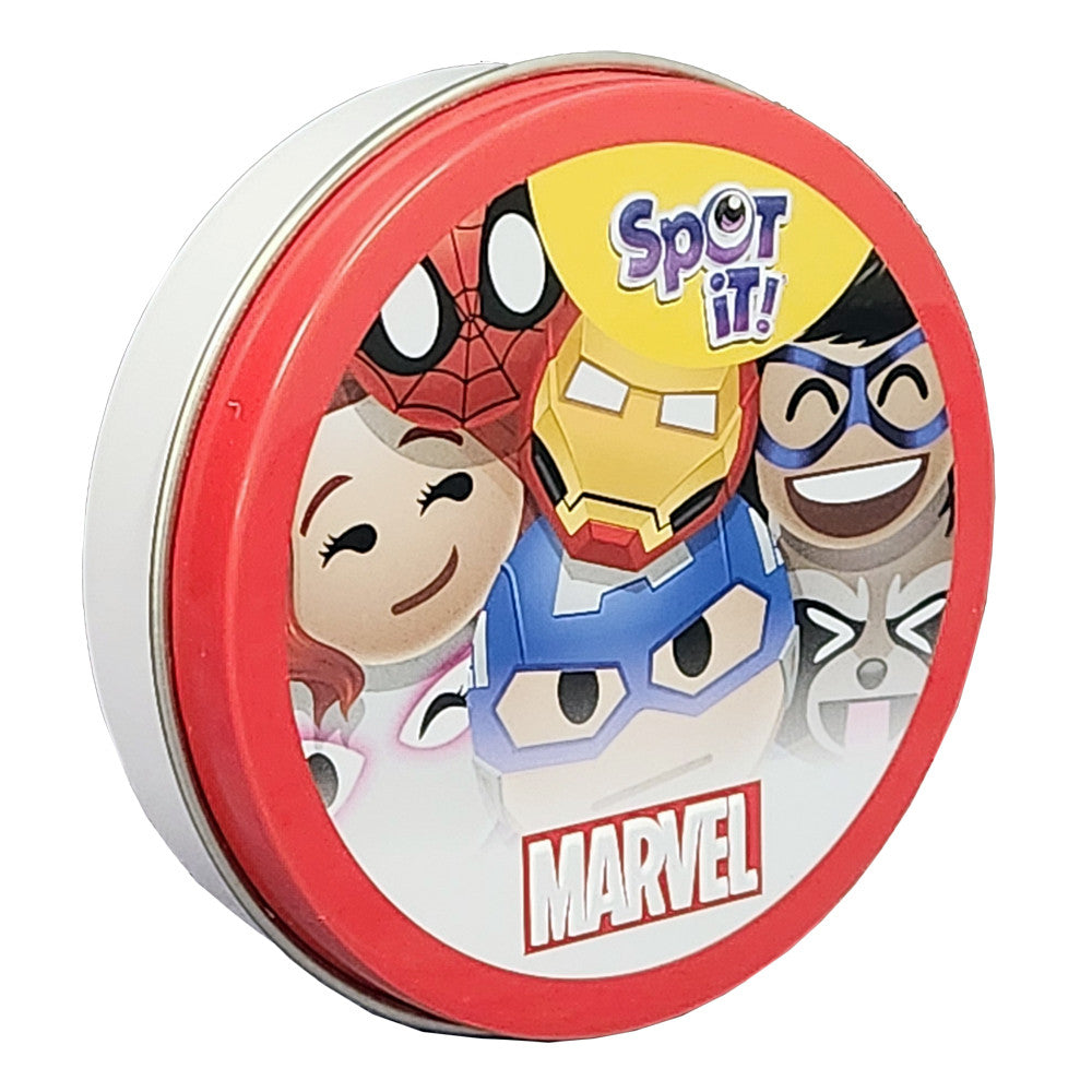 Marvel-themed 'Spot It!' game container with superhero characters on a white background