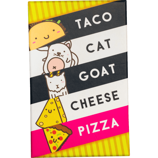Cartoon pizza box with cat, goat, and taco illustrations on a striped background