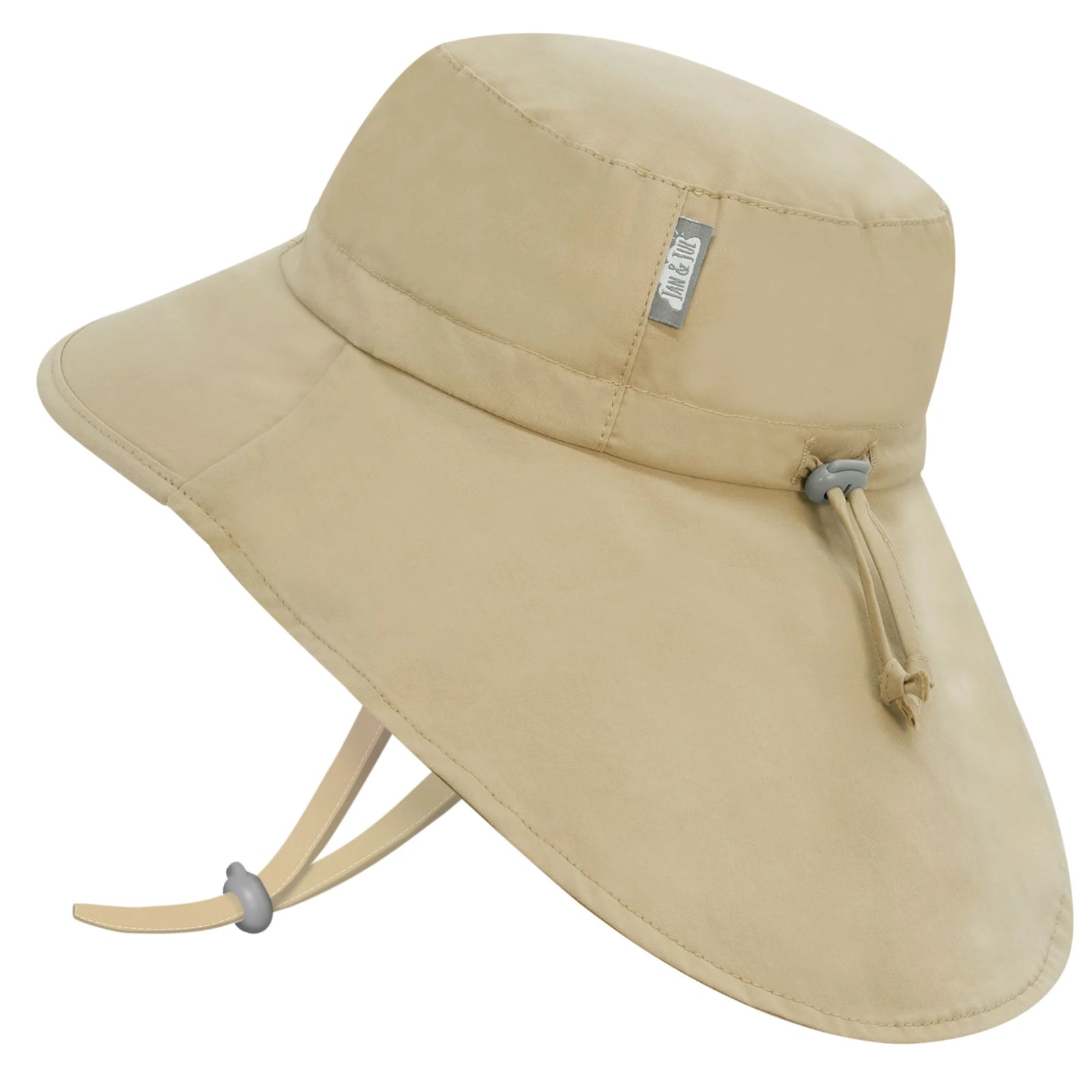 Beige sun hat with a chin strap on a white background