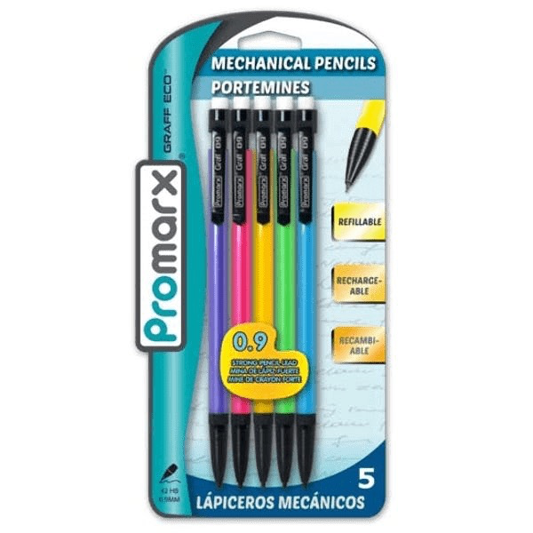 Promarx Mechanical GE Pencils - 5 Count, Assorted Barrel Colors. Refillable