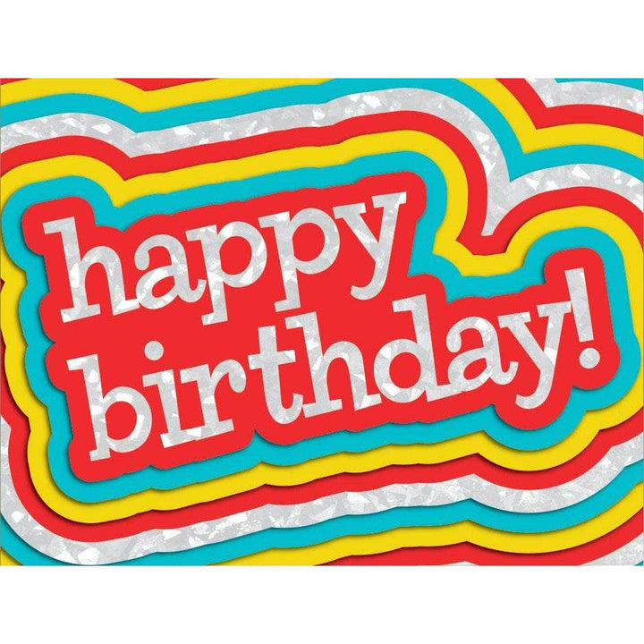 A colorful birthday card with the words 'happy birthday!' in bold red lettering, surrounded by a multicolored, striped pattern.
