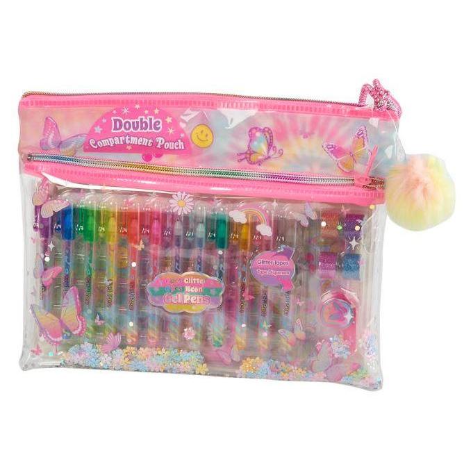 Double compartment pouch with colorful gel pens and butterfly design on a white background