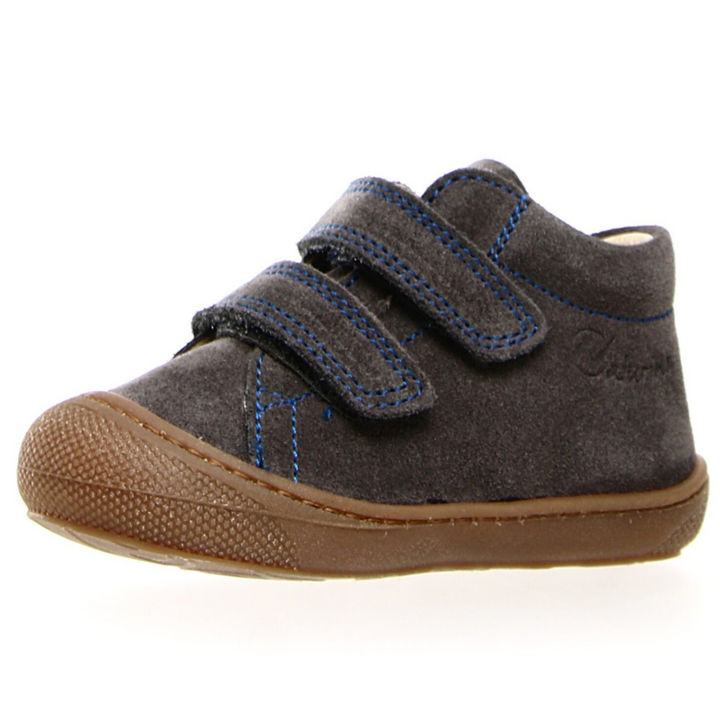 A toddler's high top bootie with a suede upper, leather lining, and rubber outsole. It features a padded ankle, reinforced heel, and double Velcro fastening.